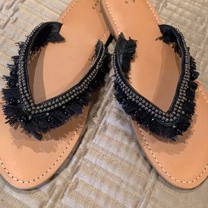 Beaded and fringed black sandals, 8.5